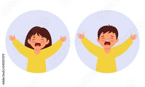Little children pull their hands up and cry. Portraits of babies. The boy and girl are naughty and screaming.