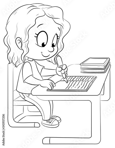 Mädchen am Schultisch schreibt in ein Heft - Vektor-Illustration