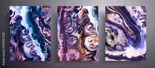 Abstract acrylic poster, fluid art vector texture set. Trendy background that can be used for design cover, poster, brochure and etc. Purple, blue, orange and brown unusual creative surface template