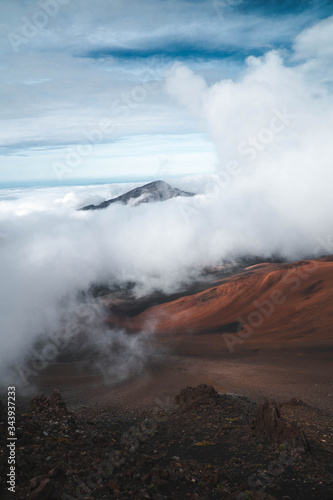 Volcanic landscape in clouds 
