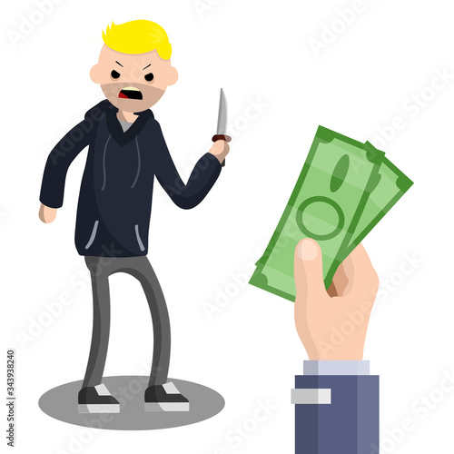 Man with knife extorting money. Hand holding green cash. Problem of urban security. Thief at work. Extortion and robbery.
