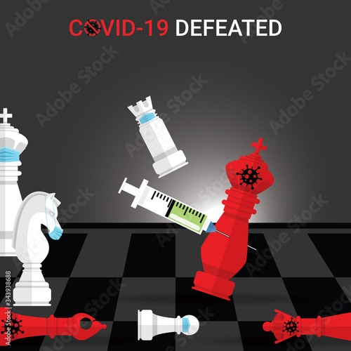 White rook wear mask checkmate by vaccine the red king Covid-19. Concept of victory over the Covid-19 pandemic. Coronavirus defeated inscription. Vector illustration of chess game battle