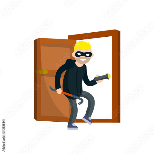 Thief with crowbar. Masked robber in black clothes broke down door of house. Problem of urban security. Cartoon flat illustration