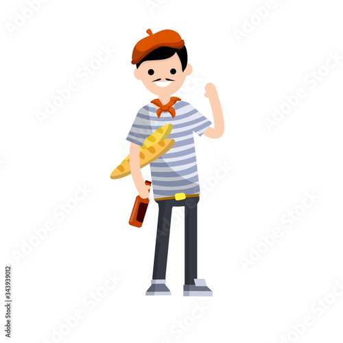 Typical Frenchman in a blue striped t-shirt with a bottle of red wine and bread baguette in hand. Sailor's clothes. Symbol of European France. French Red beret on the man. Cartoon flat illustration