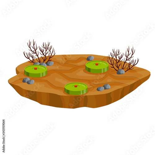 Minefield. Set of mines on ground. Rocks and grass. Explosive element of war. Cartoon flat illustration. Green lawn with bombs. Modern warfare landscape