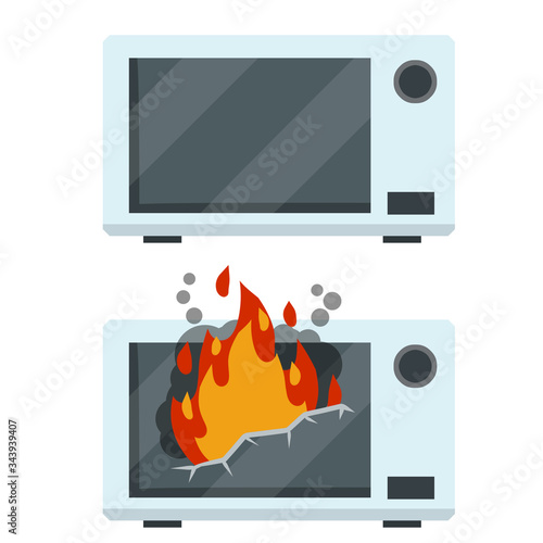 Microwave's on fire. Repair and breakdown of device. trouble cooking. Dangerous fire situation. Cartoon flat illustration. Flames in kitchen. Problem with household appliances