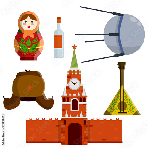 Moscow's kremlin. Set symbol-Hat with a star, doll matryoshka. Flat cartoon illustration. Tourist trip to red square, Sputnik space satellite, balalaika guitar