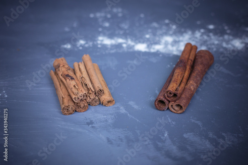 Chinese cassia originated from China and ceylon cinnamon verum from Sri Lanka bark sticks on a gray-blue background sprinkled with flour the difference between real and fake