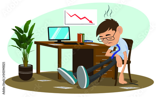 A tired office worker is sitting exhausted on a chair. A frustrated man is tired of a lot of work. Stress, depression at work. The concept of burnout in the workplace. Stock vector illustration.