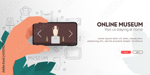 Online Gallery or Museum. Palm with smartphone on the hand draw doodle elements.
