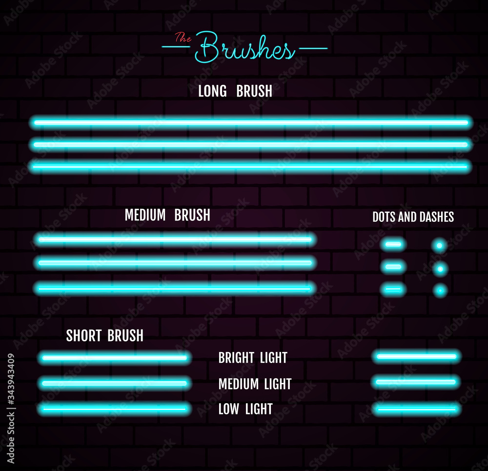 Blue Neon Lights Brushes for Your Custom Sign. All Brushes in Brushes Panel. Vector Illustration.