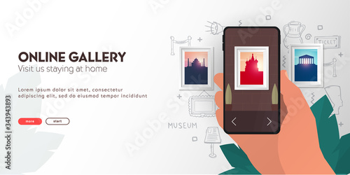 Online Gallery or Museum. Palm with smartphone on the hand draw doodle elements.