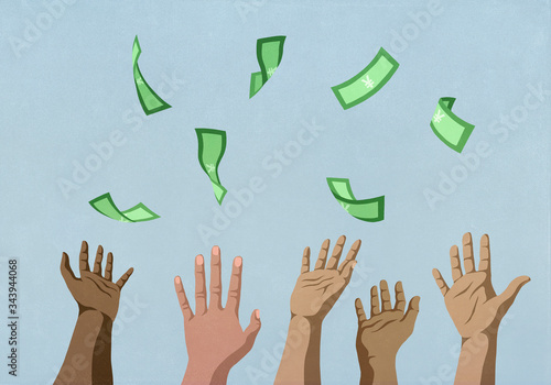 Hands reaching for falling money
