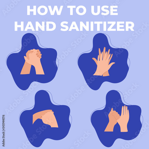 Personal hygiene wash hands alcohol sanitizer gel. Infographic how to use sanitizer to make base hygiene like a disease prevention.