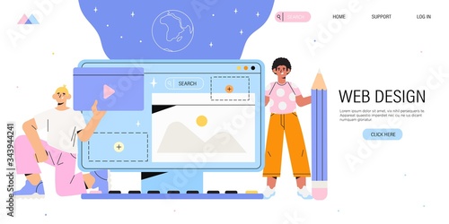Creative team of designers prototyping a new web site project for company brand or business, landing page or mobile application from different digital elements. Web design studio concept for banner.