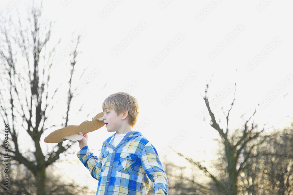 Boy playing with cardboard airplane in park