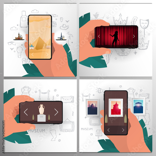 Set banners of online entertainment. Travel, Museum, Gallery, Theater. Palm with smartphones on the hand draw doodle elements.
