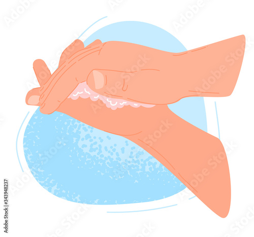 Washing hands instruction, vector illustration. Right way to avoid viruses and germ. Use clean water and soap, foam for disinfection hands, body, health sanitary. Phased disinfecting procedure.