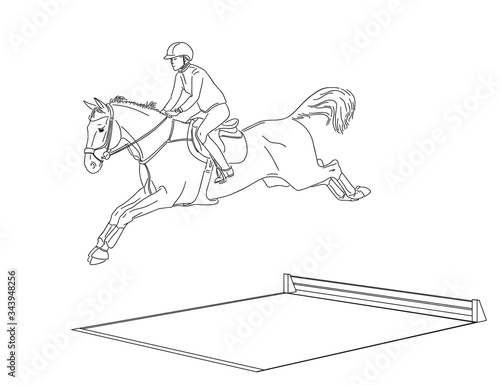 Rider on a horse jumping over water obstacle 