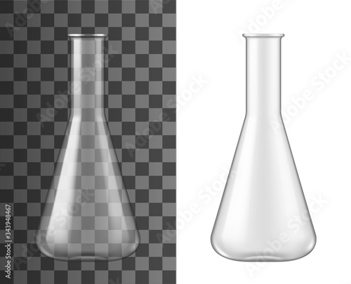 Glass flask, chemical laboratory glassware beaker, vector 3D realistic mockup. Glass vial or vial test with narrow long neck, chemistry research jar, empty isolated on transparent background