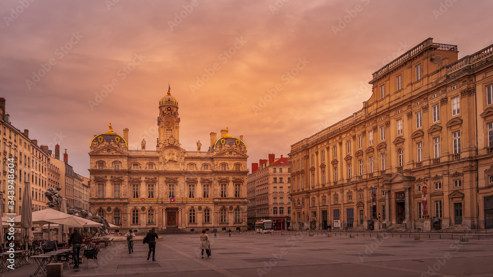 Fototapeta premium Terreaux square in Lyon city, France, at sunset