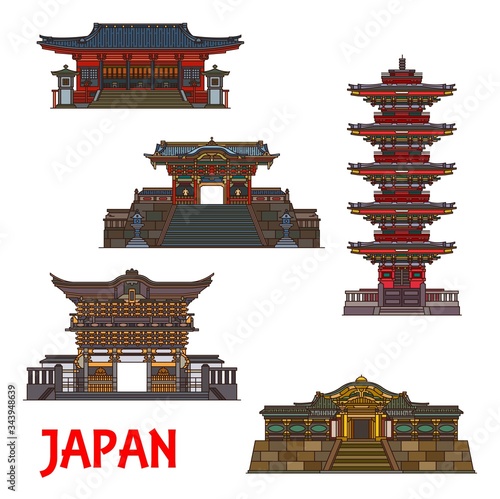 Japanese architecture landmarks, temples and famous buildings, vector icons. Nikko Futarasan shrine pagodas, Omotemon, Yomeimon and Karamon gates, historic Buddhism traditional symbols