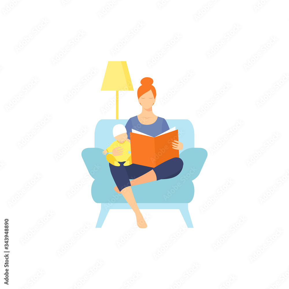 Mother with a child in a chair reads a book. Mother with a child in a chair reads a book.