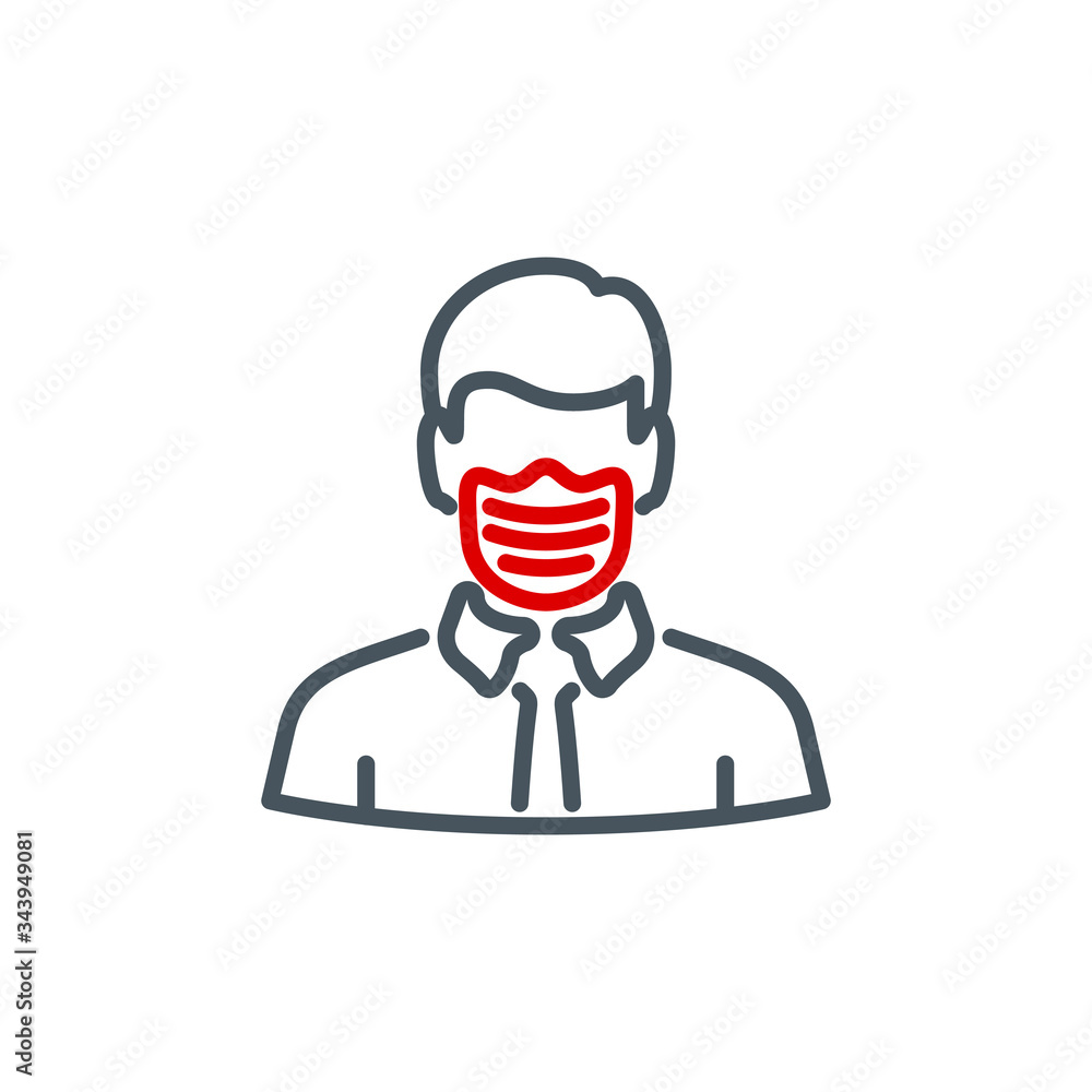 head man in medical mask single line icon isolated on white. Perfect outline symbol Coronavirus Covid 19 disease prevention pandemic banner. Quality design element quarantine with editable Stroke