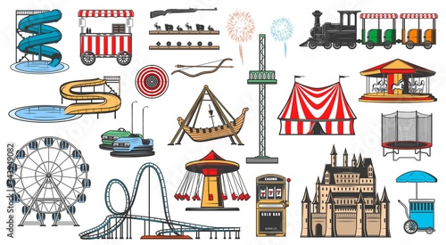 Amusement park attractions and rides, vector icons. Funfair carnival entertainment, aquapark water slides, karting and Ferris wheel, carousels, slot machine, fireworks and ice cream vendor cart