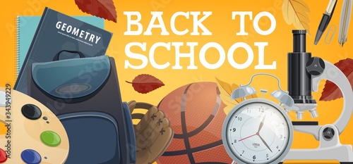 Back to school vector poster with student books and bag. Back to school education items  geometry book  watercolors and baseball glove  basketball ball  chemistry and biology microscope  clock and pen