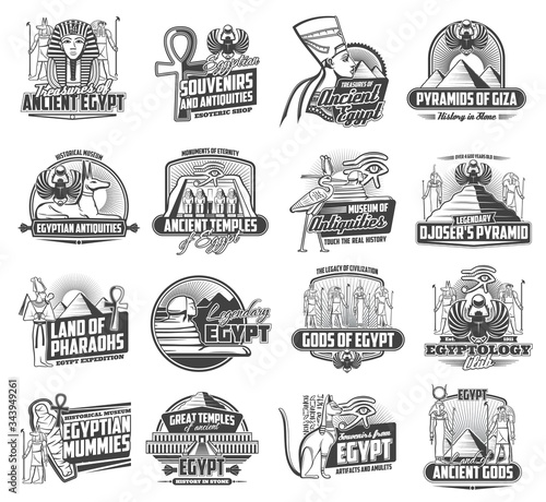 Egypt tourism and travel vector icons, Ancient Egypt culture and ancient landmarks. Welcome tor Egypt, Egyptology antiquities and mummy museum, pharaoh temples, Giza pyramids and souvenirs shop