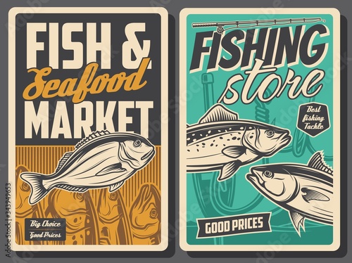 Fishing and seafood market, vector vintage retro posters. Fishing equipment rods and lures store and fisher catch gilt-head bream, sea salmon, trout and ocean tuna