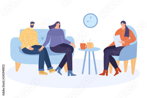 Family psychologist. The psychologist helps patients solve the problem. The concept of psychotherapy. Vector illustration