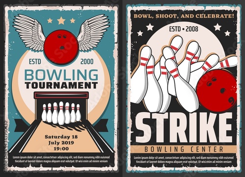 Bowling tournament, leisure and entertainment sport center, vector vintage posters. Bowling ball with with and skittle pins in strike on lane, premium quality stars club