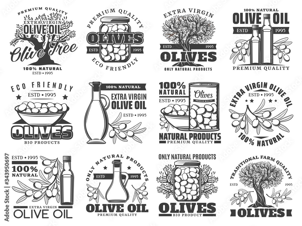 Olive oil, vector labels, olives farm products icons. Extra virgin olive oil in bottle and jug, pickled green and black olives, natural organic premium quality food