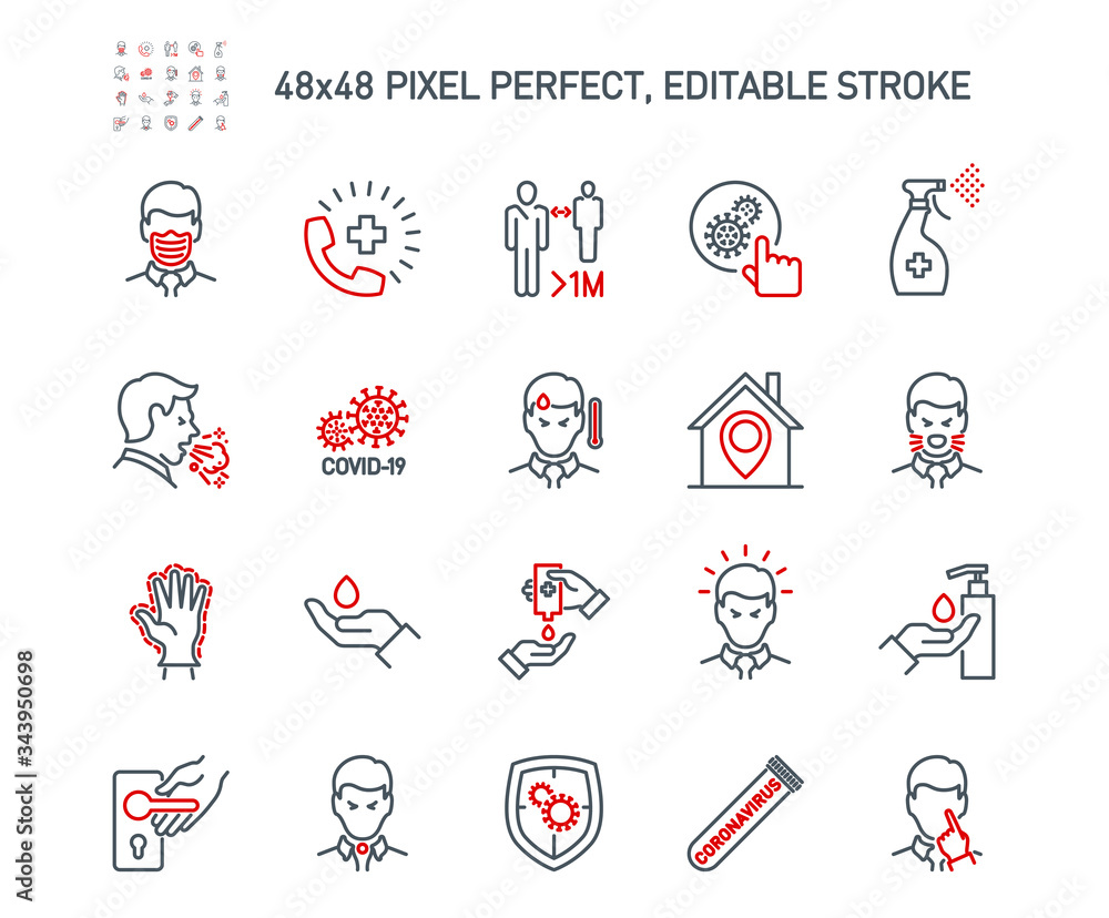 Obraz premium Simple Set of Coronavirus Protection Related Vector Line Icons. Contains such Icons as Protective Measures, Coronavirus Symptoms, Incubation Period and more. Editable Stroke. 48x48 Pixel Perfect.