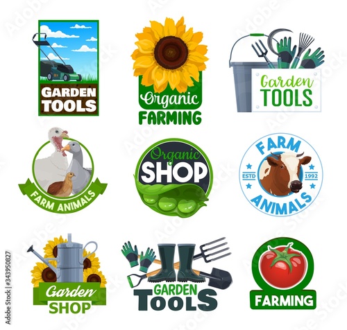 Farming vector icons, gardener tools store and organic vegetables harvest shop. Cattle farm animals and poultry, dairy farm cow, chicken, goose and turkey, gardening pitchfork, lawnmower and spade