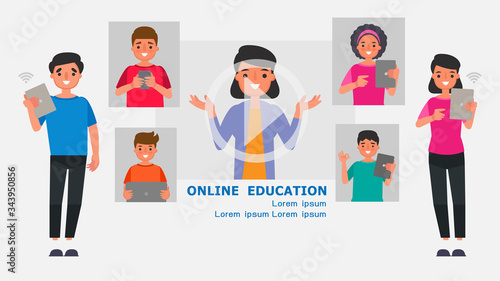 Cartoon character Parents supervise internet usage concepts.Distance Learning Information Technology vector illustration Education online Learn at home With the epidemic situation Content.