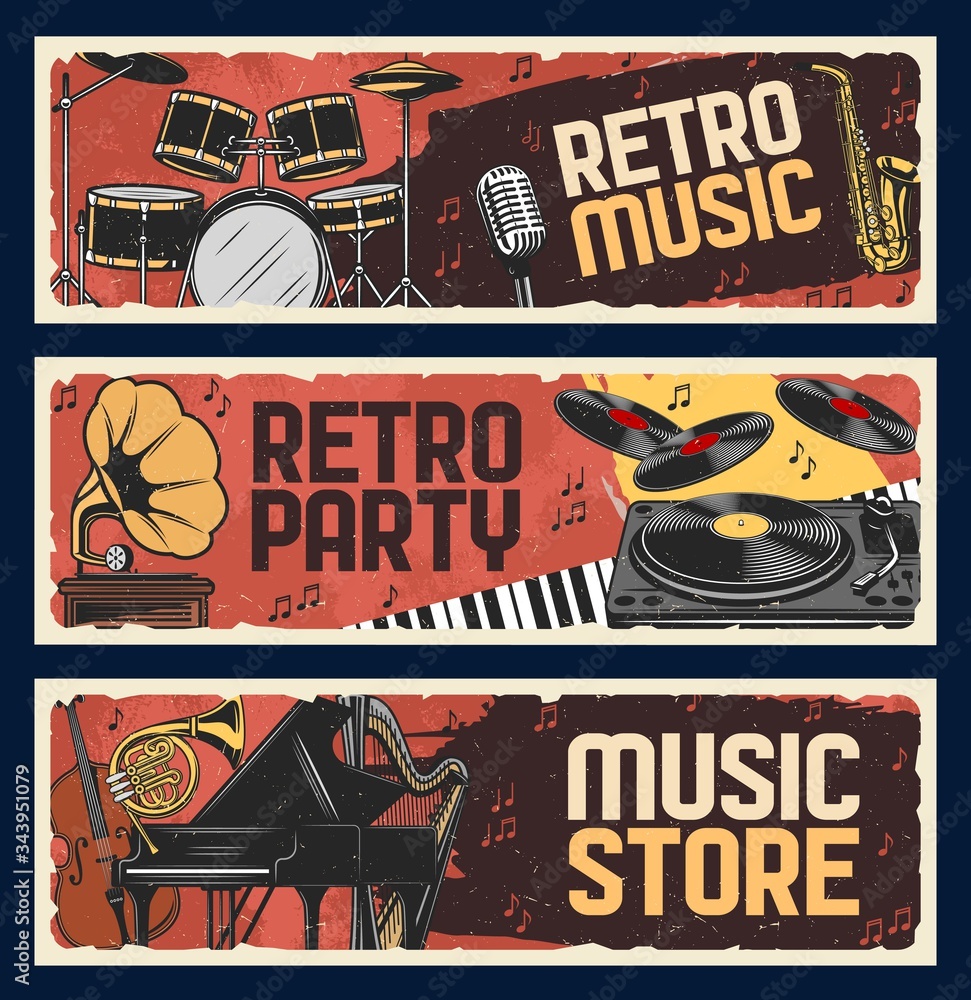 © Vector Tradition - Retro music instruments store, vector retro vintage banners. Jazz music festival and live musical party with vinyl records gramophone, classic piano and orchestra harp, percussion drums and saxophone © Vector Tradition - Retro music instruments store, vector retro vintage banners. Jazz music festival and live musical party with vinyl records gramophone, classic piano and orchestra harp, percussion drums and saxophone