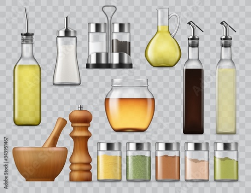 Kitchen spices and seasonings dispensers, salt and paper shakers in holder, vector realistic mockups. Cooking oil and sauce bottle with nozzle, herbs shaker, mortar and pestle, glass jugs and pitchers