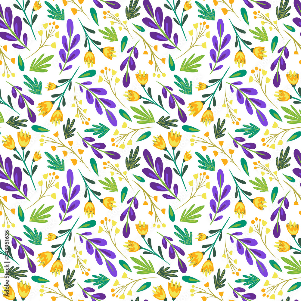 Summer seamless pattern. Floral pattern with flowers and plant on white background. Floral print for textile Summer seamless pattern. Floral pattern with flowers and plant on white background. Floral print for textile