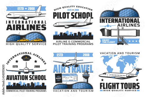 Aviation academy and pilot school emblems, air travel and international airlines flights vector icons. Airport handling service, civil aviation education and training programs