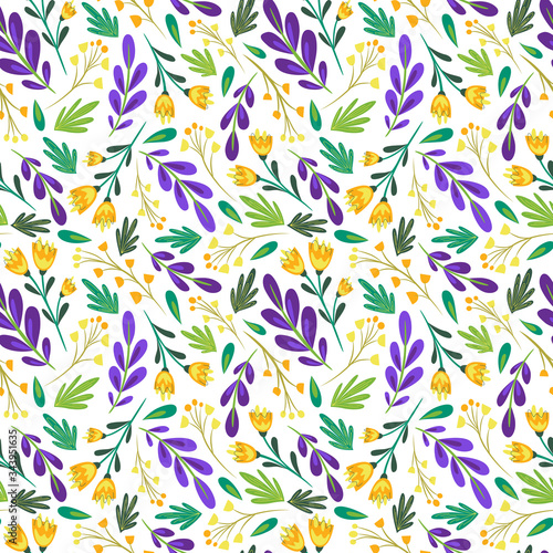 Summer seamless pattern. Floral pattern with flowers and plant on white background. Floral print for textile