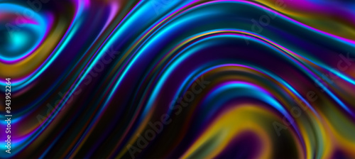 Iridescent surface with wavy ripples. Vector 3d illustration. Abstract fluorescent background. Fluid neon leak backdrop. Decoration for futuristic design. Ultraviolet viscous substance
