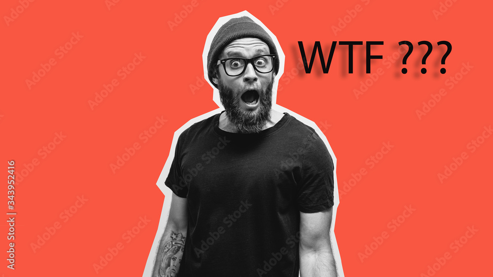 Collage in magazine style. Amazed, excited man doesn`t believe his eyes. OMG. WOW!!! Discount, sale, season sales. Collage in magazine style. Amazed, excited man doesn`t believe his eyes. OMG. WOW!!! Discount, sale, season sales.