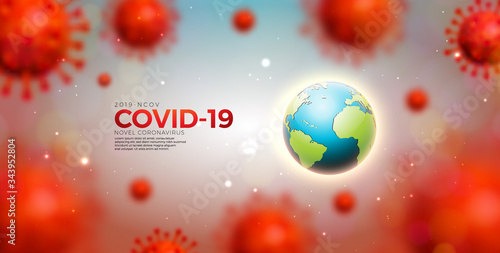 Covid-19. Coronavirus Epidemic Design with Virus Cells and Earth on Light Background. Vector 2019-ncov Corona Virus Illustration Template on Dangerous SARS Outbreak Theme for Banner or Flyer.