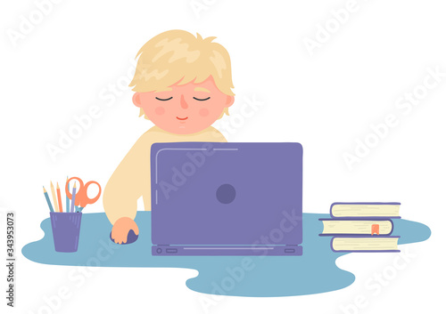 Remote learning. Distance education. Cute boy studying using laptop. Educational webinar, online learning technology.