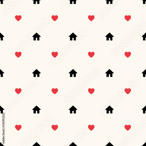 Seamless vector geometric pattern with house icons and red hearts. Concept of staying home, selfisolation, social distancing during covid-19 quarantine
