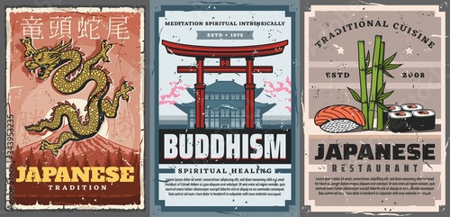 Japan travel, Japanese culture traditions and religion, vintage vector posters. Buddhism temples and pagodas, spiritual meditation and intrinsically, golden dragon symbol and Japanese sushi food