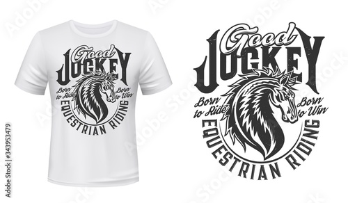 Jockey club horse vector print for t-shirt mockup. Equestrian riding and equine racing sport, wild mustang stallion symbol with Born to Ride and Win quote